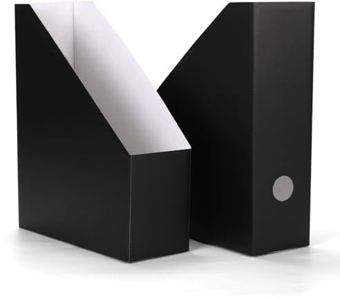 HORLIMER 12 Stück Schwarz Stehsammler A4, Zeitschriftensammler aus Karton – Zeitschriftenhalter-Organizer mit Etiketten für Bücher, Dokumente – 25,4x8,5x30,5 cm