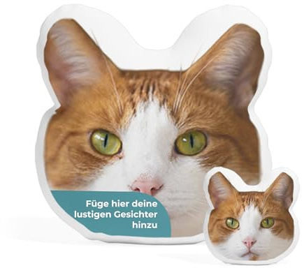 Personalisiertes Fotokissen, Kissen in Katzengesichts-Form selbst gestalten, 38 × 40 cm, mit eigenem Foto bedruckt, lustige Fotogeschenk-Idee zum Geburtstag oder Jahrestag für Familie und Freunde