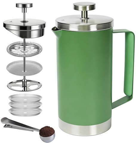 Wrobic Cafetiere French Press Coffee Maker 600ml/20oz, Double-Wall Insulated 304 Stainless Steel, 3-Level Filtration System, Ergonomic Silicone Handle, Fresh Green, 2-4 Cup for Home Camping Office