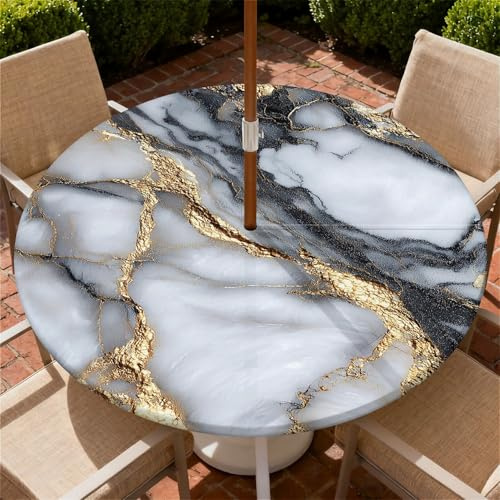 Runde Tischdecke Outdoor wetterfest mit Schirmloch & Reißverschluss, Grauer Marmor Gartentischdecke Abwaschbar abwischbar - Tischdecke Elastischem Rand für Terrasse, Balkon & Garten Ø 90cm