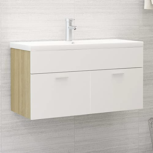 Teenpull Waschbeckenunterschrank mit Einbaubecken, 90 cm breit, Weiß Sonoma-Eiche, Holzwerkstoff Keramik, Badmöbel-Set, für Badezimmer, Waschtisch mit Überlauf