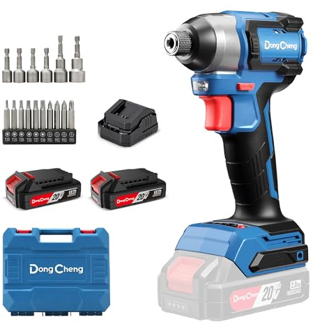 Dong Cheng Atornillador de impacto 20V sin escobillas 165Nm, 2 baterías | Para trabajos de atornillado pesados, Arranque suave, Autoperforante, Hex 6,35mm, 3+1 velocidades