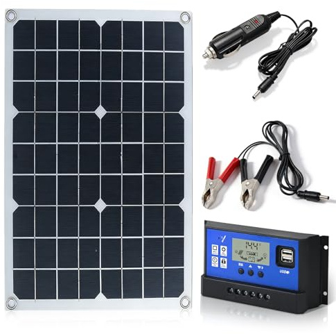 Kit Solaire 20W, Panneau Solaire Flexible avec Régulateur 10A, Chargeur Solaire pour Batteries de Voiture 12V, Étanche IP67 pour Voiture, Bateau, Camping-Car et Moto