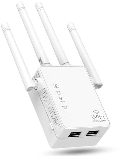 AILKIN WIFI Repeater, 1200Mbps Dual Band 2.4G/5G WiFi Extender, WiFi Amplifier, 2 LAN/WAN ports, 4 antennas, Wi-Fi Extension for Home and Office, 4 *Antennas, Internet Booster - with Ethernet Port.