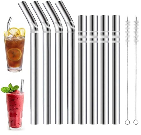 8 Piezas Pajitas Reutilizables, Acero Inoxidable con 2 Cepillos Limpieza | 4 Rectas y 4 Curvas para Lavavajillas para Bubble tea Batidos y Bebidas Calientes