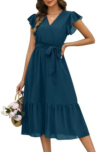 Fashora Sommerkleid Damen Maxikleid Casual V-Ausschnitt Rüschen Ärmeln Lang Kleid Sommer Elegant Hohe Taille A Linie Freizeitkleid Knielang Boho Strandkleid mit Gürtel (Ozeanblau, M)