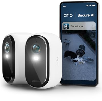 Arlo Essential 3 HD, Caméra de Surveillance WiFi Extérieure sans Fil, Autonomie de 6 Mois, Vision Nocturne Couleur, Éclairage, Sirène et Audio Bidirectionnel, Essai Secure Inclus, 2 Caméras Blanc