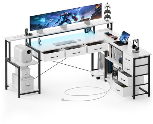 ThomP Bureau Gaming 200 x 146 cm avec 7 Tiroirs en Tissu, LED et Prises Intégrées – Support Écran, Grand Bureau en L Informatique pour Bureau et Télétravail (Blanc)