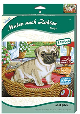Mammut 110001 - Malen nach Zahlen Classic Tiermotiv, Mops, Hund, Komplettset mit bedruckter Malvorlage im A4 Format, 8 Acrylfarben und Pinsel, Malset für Kinder ab 8 Jahre