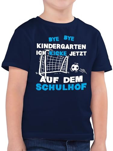Kinder T-Shirt Jungen - Einschulung Junge - Bye Bye Kindergarten Fußball Kick Schulhof - 128 (7/8 Jahre) - Dunkelblau - einschulungsshirt Shirt Schulkind schulanfänger Schule Tshirt