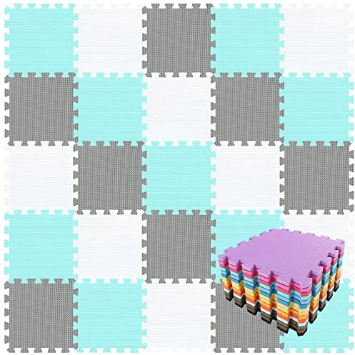 qqpp® 25 Puzzle Eva Schaumstoff Puzzlematte Puzzleteppich Kinder - Krabbelmatte Spielmatte Baby Schadstofffrei Sport rutschfest Bodenschutzmatte Fitness Matte. Weiß, Grün, Grau. QQC-AHLb25N