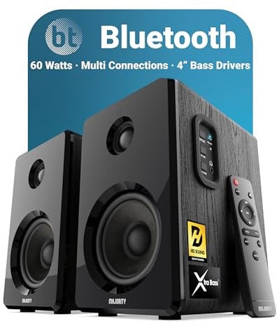 MAJORITY D40 Bluetooth Lautsprecher Boxen | 60W 2.0 Aktivlautsprecher | Studio Monitor mit 4-Treiber | Regallautsprecher für HiFi Stereo mit Optischer, RCA-, USB- und AUX-Eingang | Fernbedienung