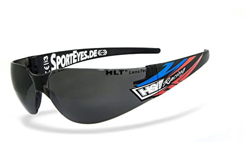 HSE® SportEyes® | UV400 Schutzfilter, HLT® Kunststoff-Sicherheitsglas nach DIN EN 166 | Sportbrille, Radbrille, Sonnenbrille | Brillengestell: schwarz, Brille: SPRINTER 3.0 (smoke (blau/rot/weiß))