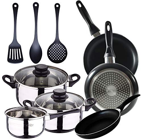 Batería de cocina 5 piezas acero inoxidable y 3pcs Utensilios de cocina y Set 3pcs sartenes 16/20/24 cms, negro, aluminio prensado, inducción