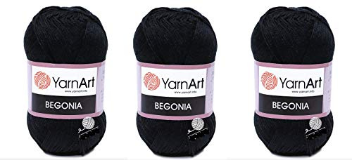 Yarn art Begonia 100% cotone mercerizzato, Lotto di 3 matasse, ognuna 50 g, 185 yrds (169 m), Fine Sport: 2 (999 nero)