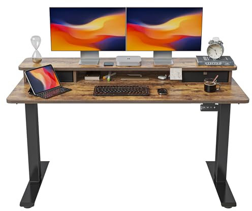 FEZIBO Höhenverstellbarer Elektrischer Stehtisch mit Doppelschublade, 140 x 60 cm Heimbüro Schreibtisch mit Ablagefach, Sitz-Steh-Schreibtisch Computerarbeitsplatz, Rustikal Braun Oberfläche