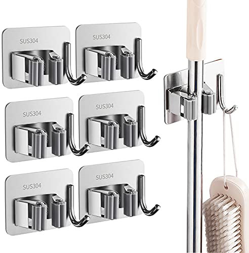 TopGearWorld 6pz Colgador de Escobas Adhesivo Soporte de Fregonas Ganchos Adhesivos Para Pared Acero Inoxidable para Baño Garaje Jardín