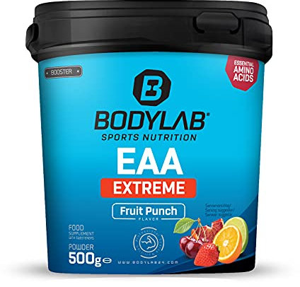 Bodylab24 EAA Extreme 500g punch alla frutta, aminoacidi essenziali, con 1,5g di glutammina, 1g di alanina e vitamine B6 e B3 come bevanda fruttata per la rigenerazione e lo sviluppo muscolare