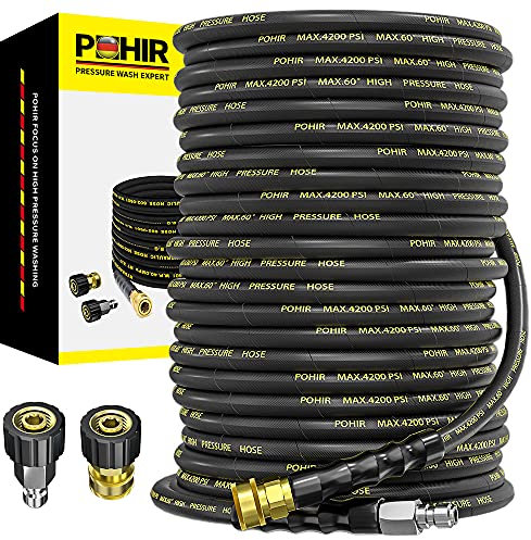 POHIR Pressure Washer Hose 150 FT with 3/8'' Quick Connect, High Tensile Wire Braided Power Washer Hose with 2 Quick Connect Kits, Compatible M22 14mm, Hose for Pressure Washer, 4200 PSI