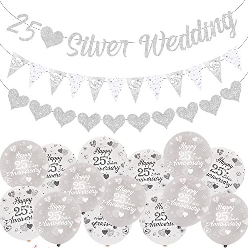 Fangleland 25th Wedding Anniversary Decorations for Couple, 25th Silver Wedding Glitter Banners and Bunting Flag Balloons for Anniversary Party Supplies