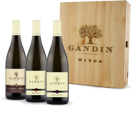Cassetta di legno da 3 bottiglie: Merlot, Refosco, Filare Nero DOC Friuli Isonzo | Gandin Wines 0,75 L | Cassetta di legno | Idea Regalo