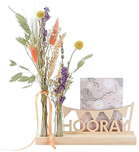 BloomPost Hooray - Trockenblumen - Inklusive 2 Vasen + Holzständer mit 'Hurra' und Girlande - Länge Trockenblumen +/- 30 cm - Mit Styling-Tipps