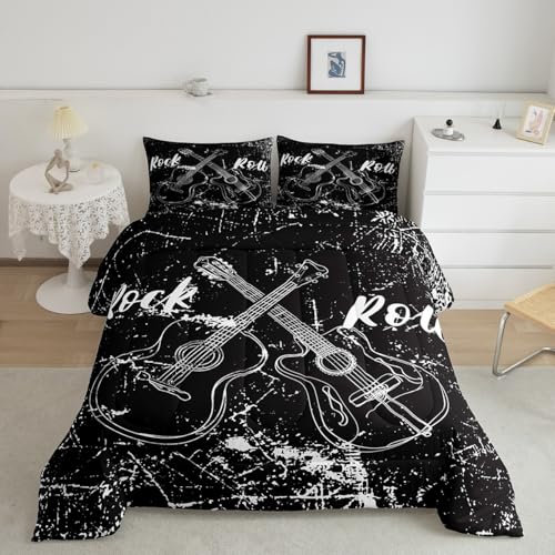 Castle Fairy Rock Roll Music Queen Size Bettwäsche-Set, Gitarren-Instrument-Bettwäsche-Set mit 2 Kissenbezügen, Retro-abstraktes Graffiti, atmungsaktiv, langlebige Innenfüllung, Polyester-Tagesdecke