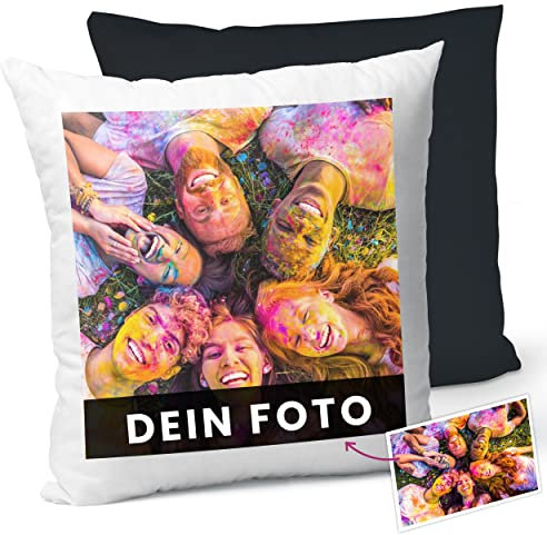 Manevito Personalisiertes Kissen mit Foto & Text 40 x 40cm - Kissen mit Foto selbst gestalten - Fotokissen mit Druck und Wunschtext weiß-schwarz