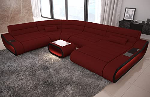 Sofa Dreams XXL Wohnlandschaft Concept - mit LED Beleuchtung, Ottomane/Mikrofaser/Ausrichtung wählbar (Ottomane rechts, Schwarz-Dunkelrot)