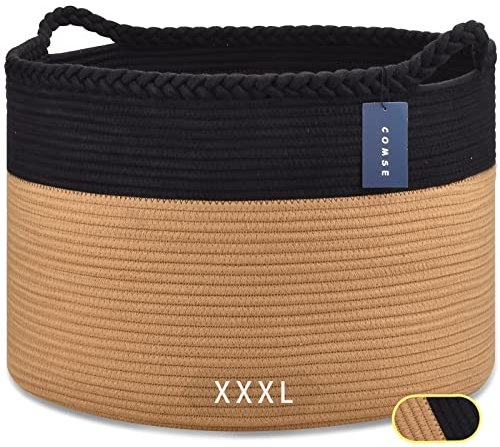 COMSE Extra Large Blanket Basket, Woven Laundry Basket, 55 x 35 CM, Nursery Hamper, Cotton Rope Laundry Hamper Living Room for Storage Toys Clothes Towels, Black/Camel