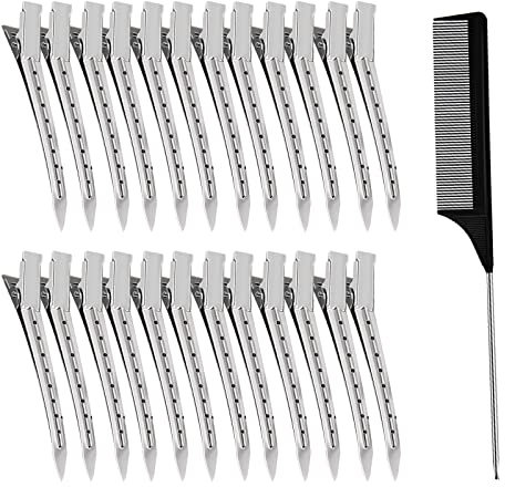 24 Pcs Pinces à Cheveux Métal,Pinces à Bec de Canard Clips, with Peigne à Queue,pour Femmes Filles Coiffure et Maquillage(Argent)
