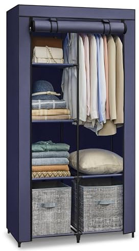 SONGMICS Guardaroba in Tessuto, Armadio Pieghevole, 6 Ripiani e 1 Barra Appendiabiti, Struttura in Metallo, 45 x 88 x 168 cm, per Camera da Letto, Cabina Armadio, Blu Scuro RYG084I02