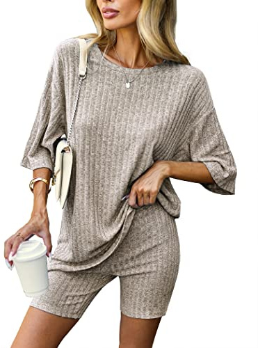 Ekouaer Pajamas 2 Piece Lounge Sets Ribbed Knit Matching Outfits T-shirt Biker Shorts Sleepwear Loungewear Sweatsuits Camel Large