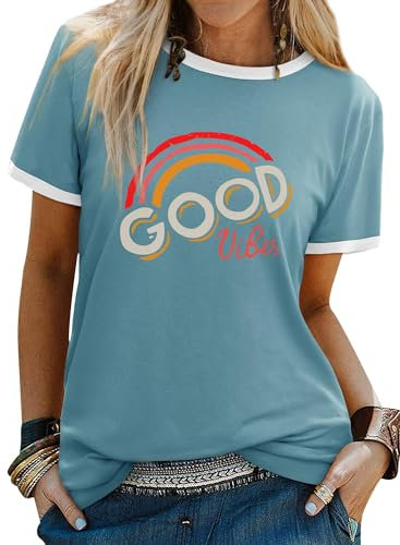 Dresswel Damen Good Vibes T-Shirt Regenbogen Druck Tshirts Rundhals Kurzarm Oberteile Hemd Tee Tops Bluse