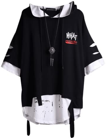 Men Women Y2K T-Shirt Techwear Streetwear Vintage Graphic Tee Short Sleeve Hoodie Top Distressed Grunge Emo Alt Cyber, Black, Medium