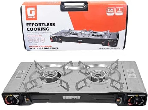 Geepas Portable Camping Gas Stove, Double Burner – BBQ Cooker, Outdoor Grill Plate – Automatic Ignition System, Butane Can - BBQ Caravan Outdoor