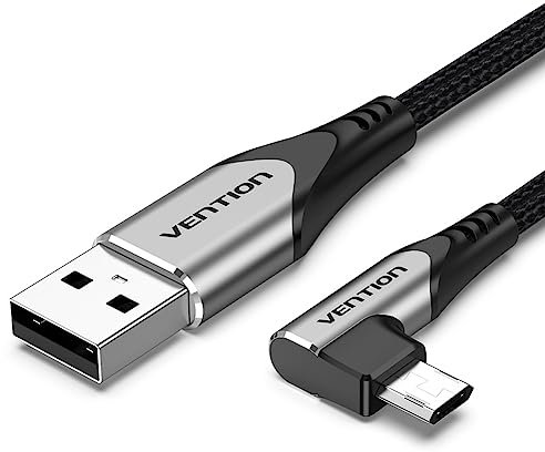 VENTION Micro USB Cable 2M - PS4 Charging Cable, Kindle Fire Tablet Charger Cable UK Nylon Braided Android Short Micro USB Charger Cable for Samsung Galaxy S6 S7 S5 J7 J5 J3 Tablet - 90 Degree