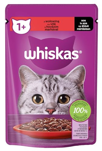 Whiskas Adult 1+ Katzenfutter mit Rind in Soße– Hochwertiges Nassfutter für ausgewachsene Katzen – 2 x 28 x 85g (56 Beutel)