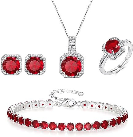 EVER FAITH Hochzeit Quadrat Cubic Zirkonia Schmuck Sets für Braut Brautjungfer, Glamour Anhänger Halskette Ohrringe Tennis Armband Offene Ring für Damen Rot Silber-Ton