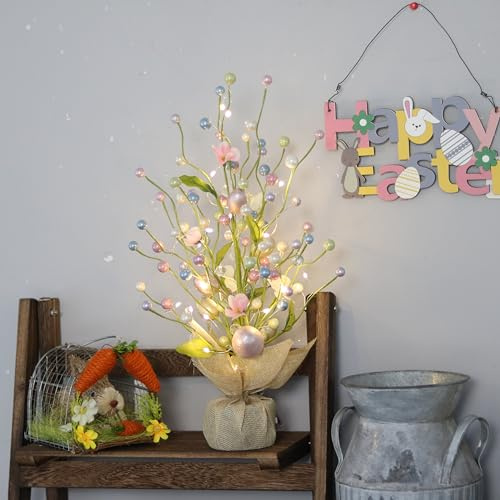 Easter Tree Decoration for Tabletop,Lighted Easters Trees with LED Lights,48cm Artificial Easter Egg Tree Ornament for Easter Indoor Bedroom Home Holiday Party Spring Decor (Colourful 1)