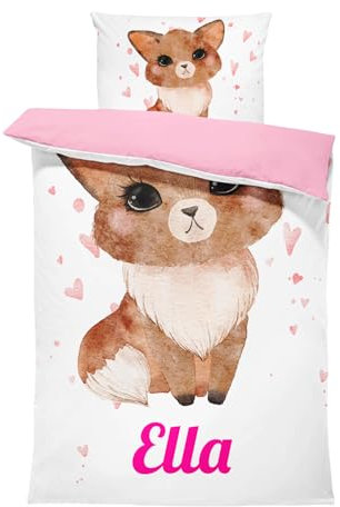Pictogogo Personalisierte Baby Bettwäsche Mit Fuchs, Wählbare Unterfarbe aus Baumwolle, Kinderbettwäsche Mit Namen, Babybett Komplett Set Mit Reißverschluss