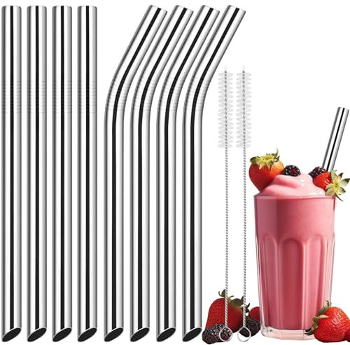 NiHome Lot de 8 pailles en acier inoxydable pour smoothie / milkshake, extra larges et réutilisables de 1,3 cm, pailles droites et courbées pour boba, boissons épaisses, boissons froides, 2 brosses