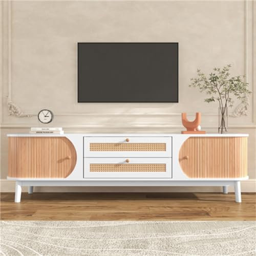 Mueble para TV De Madera Natural con Puertas, Cajones Y Bordes De Ratán. Mueble para TV Rústico, Sencillo Y Elegante.