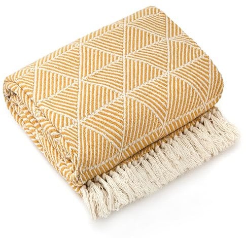 Emma Barclay Throw Blanket For Sofas Bed Extra Large Recycled Cotton Throws For Settees In Ochre Yellow Throw Scandi Woven Blankets - Zahra Collection 90 x 100 (229cm x 254cm) Ochre Yellow
