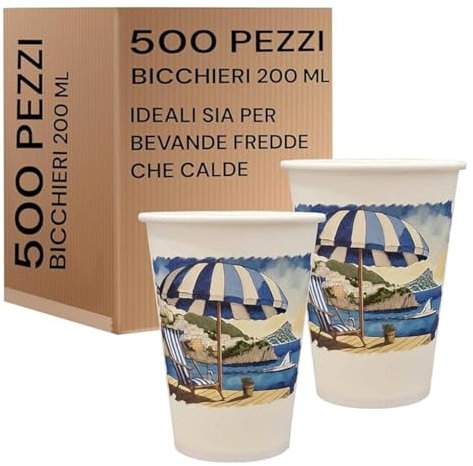 Mecup Bicchieri in Carta, Bicchieri Monouso, 500 Pezzi, Tazza Caffè 200 ml, Usa e Getta, Per Bevande Calde e Fredde, Design Elegante, Igienici, Biodegradabili. Fantasia: Ombrellone Scogliera