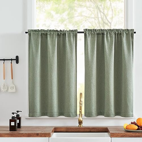 TOPICK Faux Linen Kitchen Curtains 36 Inch Drop Small Cafe Curtains Privacy Textured Curtain Tiers for Bathroom Sink Laundry Rod pocket 2 Panels Green