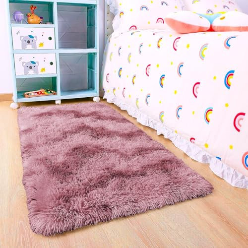 BedLooms Rugs Living Room 60x110 cm – Tie-Dye Pink Lilac Area Rugs for Bedroom Anti Slip – Modern Super Soft Plush Carpets Fluffy Shaggy Rug for Lounge, Dining Room – Non Shedding Kids Bedside Rug