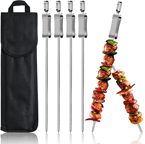 Stainless Steel Kebab Skewers Set of 6 - 40cm Flat With Sliders for Vegetable, Meat, Chicken - Reusable Grilling Accessories With Storage Bag