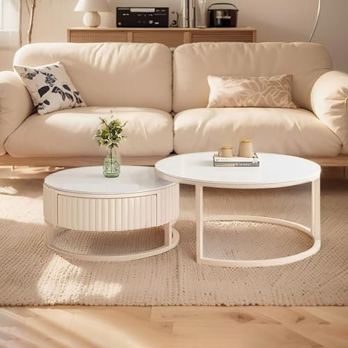GonTzolkin Table Gigogne Ronde Blanche Table Basse Marbre avec Rangement Moderne Table De Salon Basse avec Tiroir Et Cadre Métallique Facile À Assembler Table Basse Design pour Salon Chambre Bureau