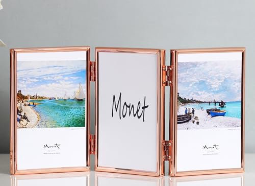 Triple Folding Picture Frame 3x5 Vertical, Metal Frames Table Stand Rectangle Photo Frames Rose Gold Glass Small for Living Room